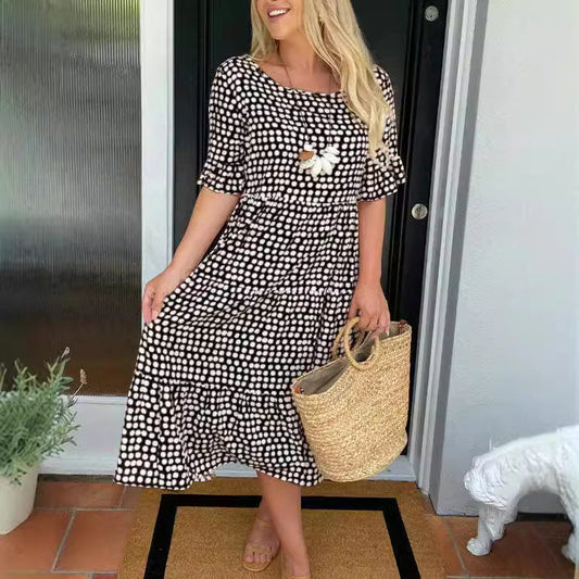 WW | Sommer Rundhals Bedrucktes Kurzarmkleid