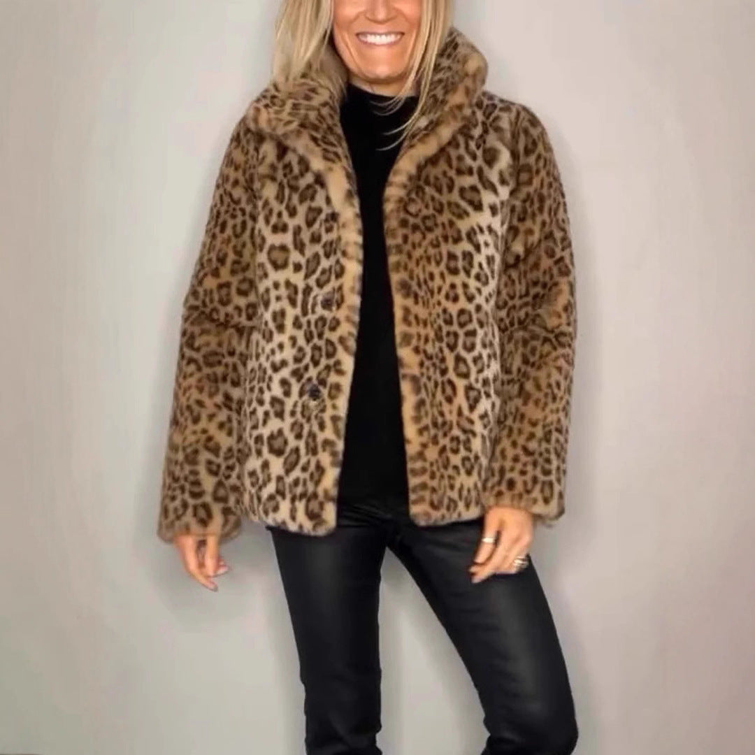 Damen Flauschige Leopardmuster Jacke mit hohem Kragen WW