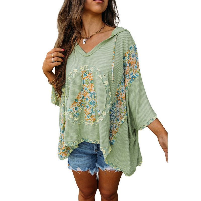 Damen lässiges Kapuzenoberteil mit blumigem Peace-Design WW