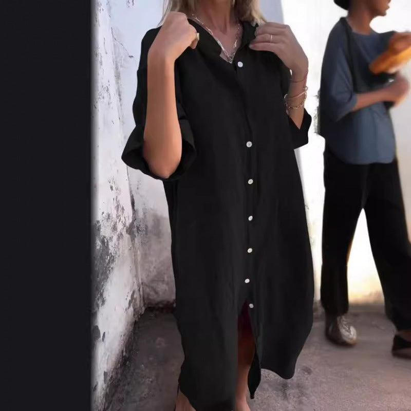 WW | Loose Casual Cotton-Linen Shirt Dress with Half Sleeves