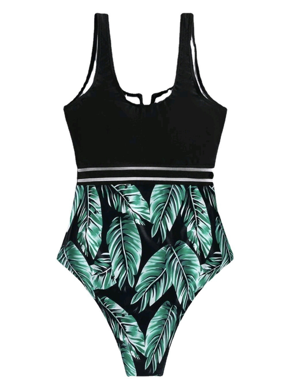 Damen Hochtaillierter Badeanzug mit V-Ausschnitt und modernem Blattmuster WW