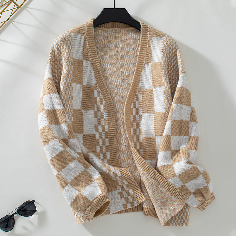 WW | Kariert Gestrickte Strickjacke für Damen