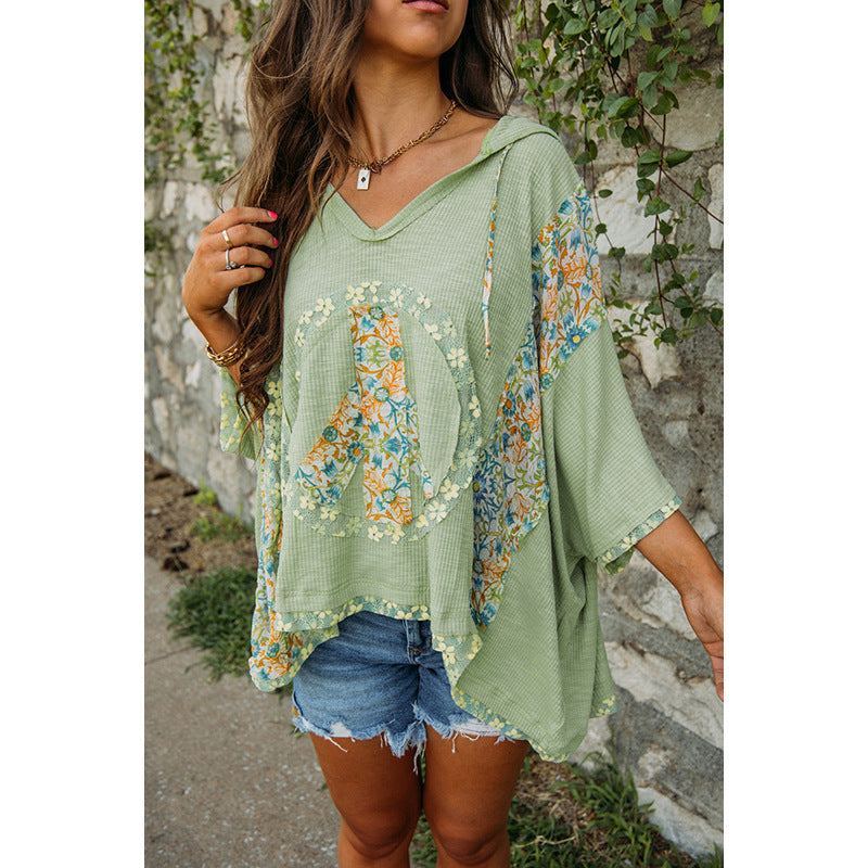Damen lässiges Kapuzenoberteil mit blumigem Peace-Design WW