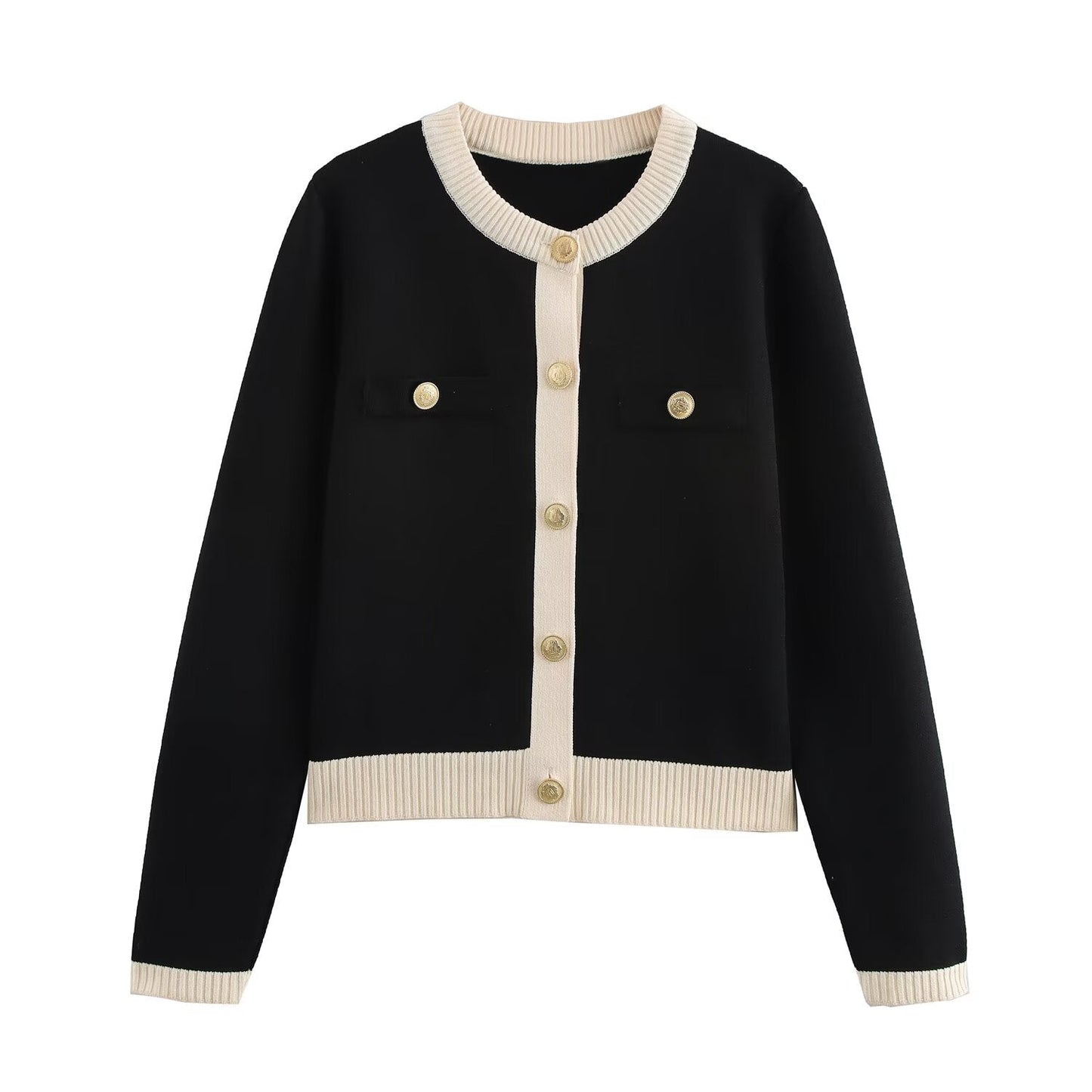 WW | Frühling Goldene Knopf Kontrast Strick Cardigan Top