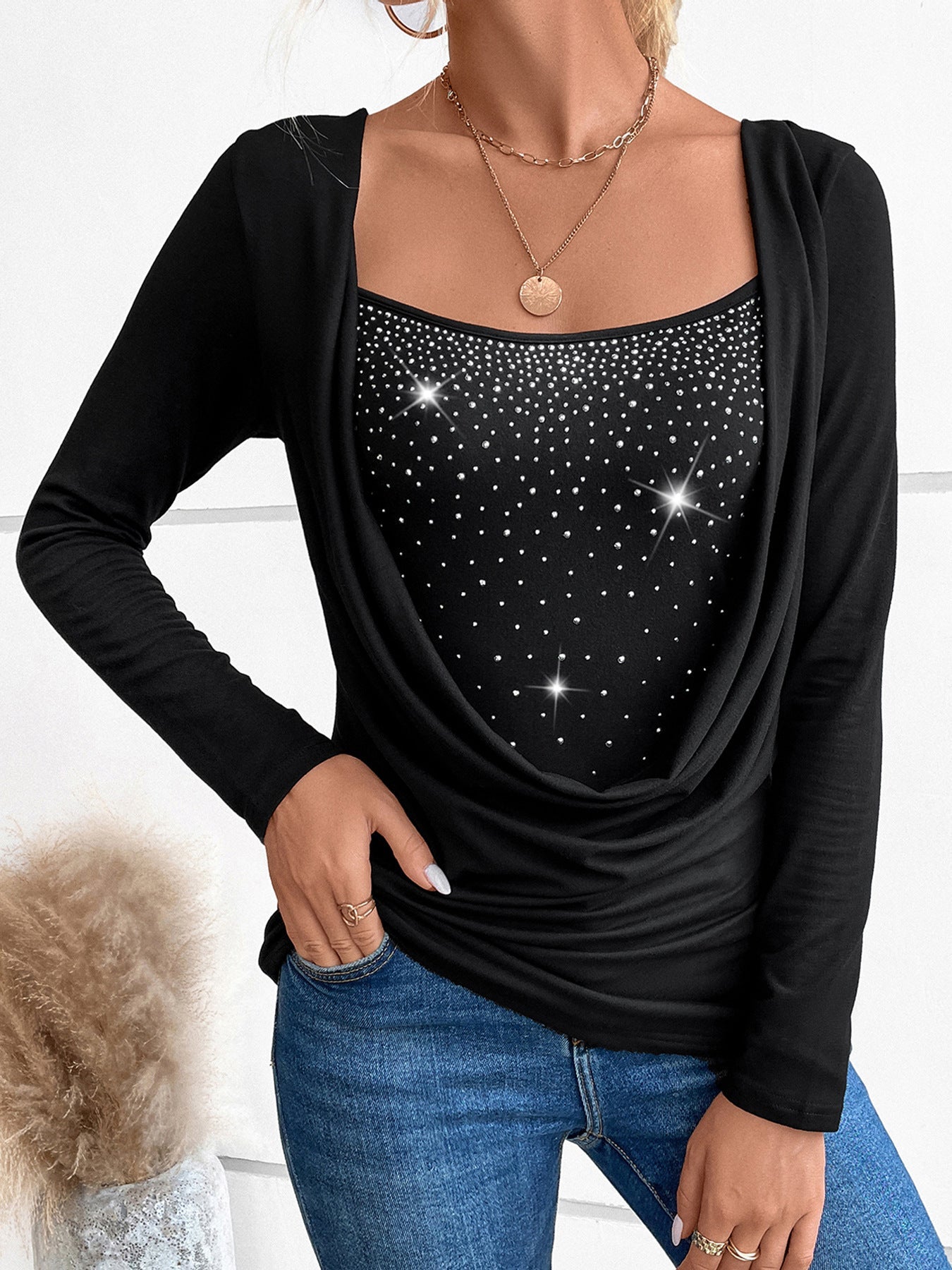 WW | Rhinestone-Embellished Faux Two-Piece Long-Sleeved Top