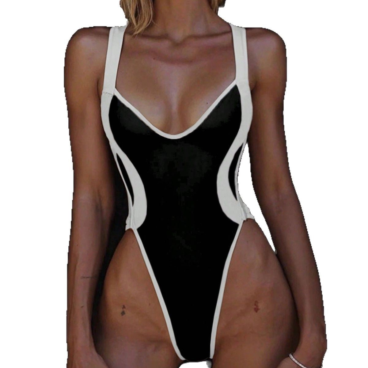 Damen Hochgeschnittener Einteiler-Badeanzug mit Kontrastnähten W&W