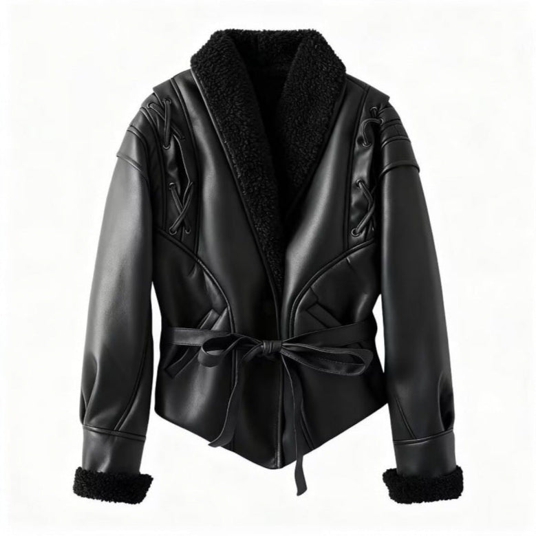WW | Damen Fake Lederjacke mit Teddy Futter