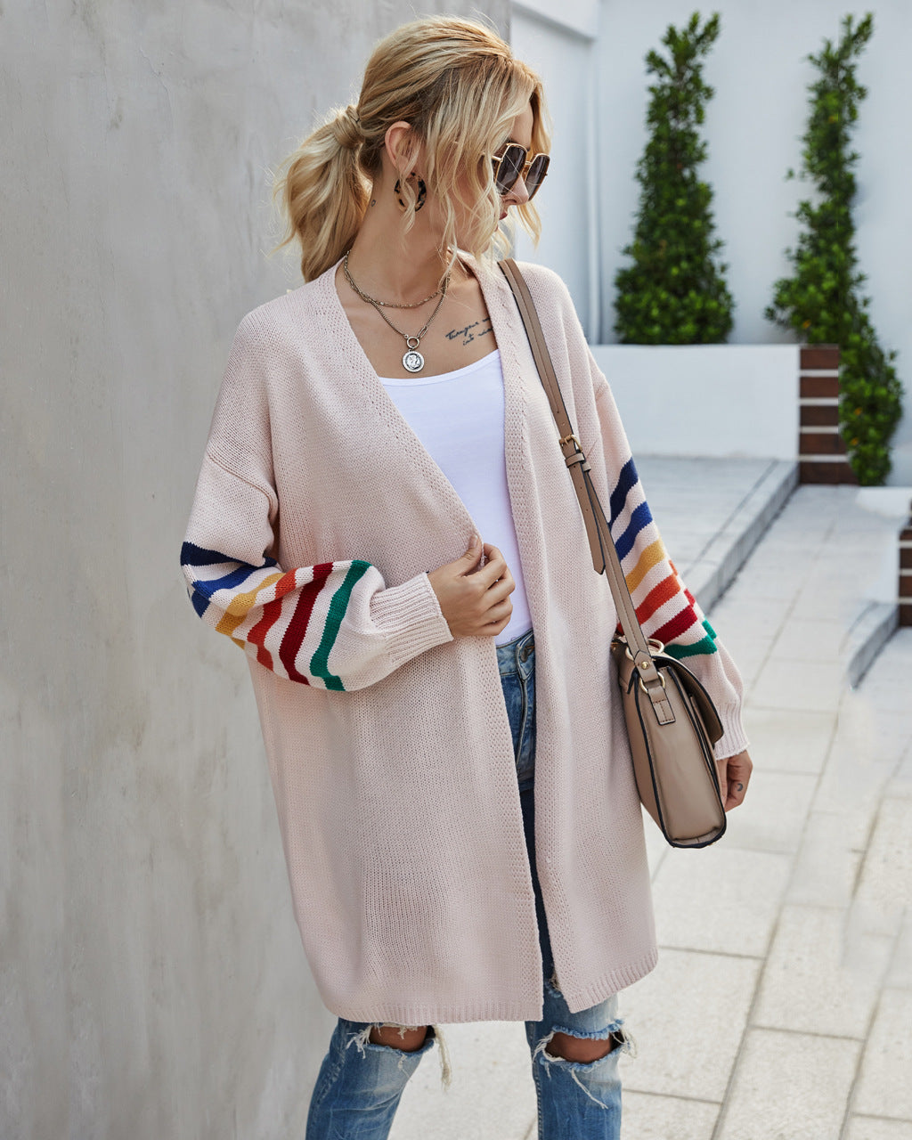WW | Strickjacke - Offene Front - Langer, entspannter Schnitt - Farbgestreifte Ärmel