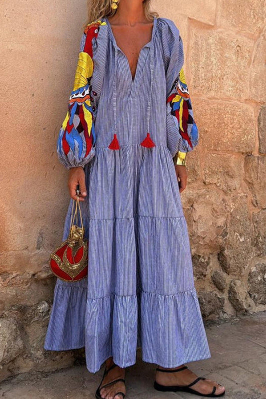 Women's Maxi Dress with Colorful Puff Sleeves and Elegant V-Neck WW