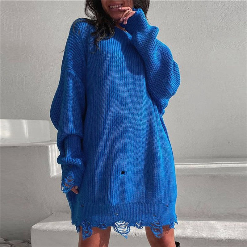 WW Ripped O-Neck Oversized Sweater Dress