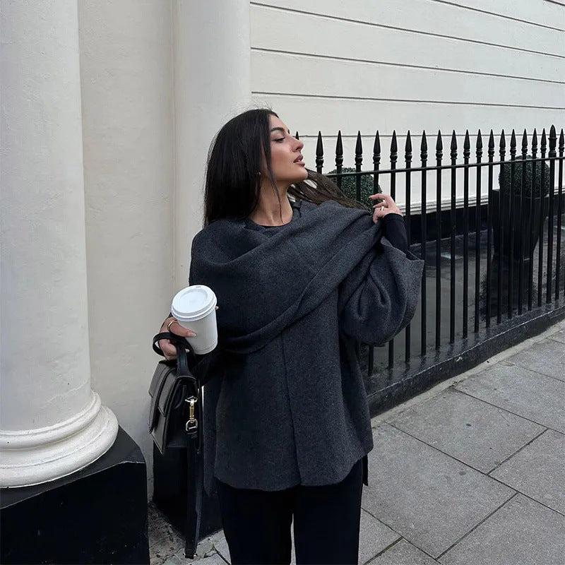 Women's Oversized Jacket with Elegant Cut and Matching Scarf WW