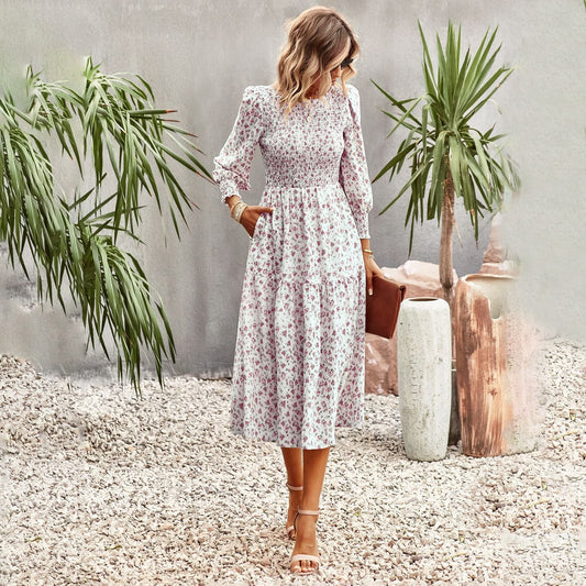 Damen florales Midi-Kleid mit geraffter Taille und langen Ärmeln WW
