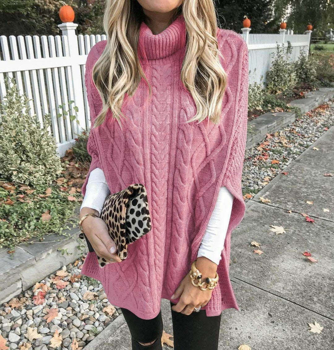 Women's chunky knit poncho with high collar and cable knit design WW