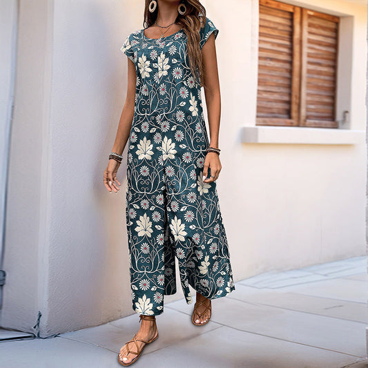 Women's Jumpsuit with Floral Design and Chestnut Tie-Belt WW