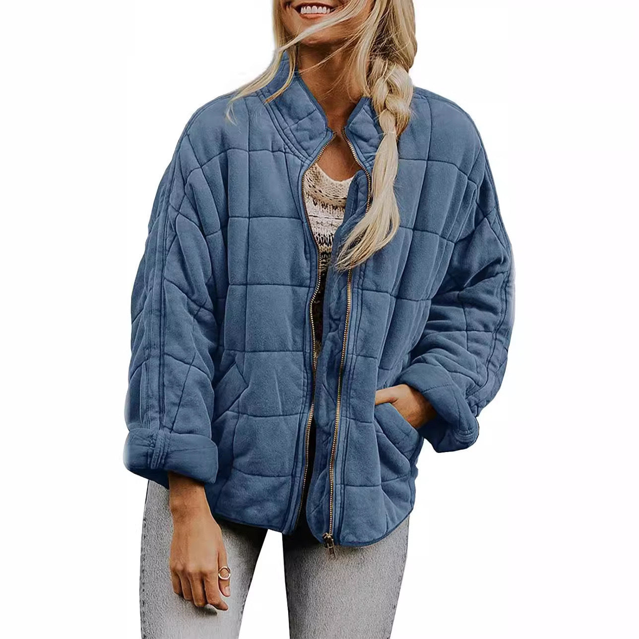 Women's Quilted Hooded Jacket with Zipper and Pockets WW
