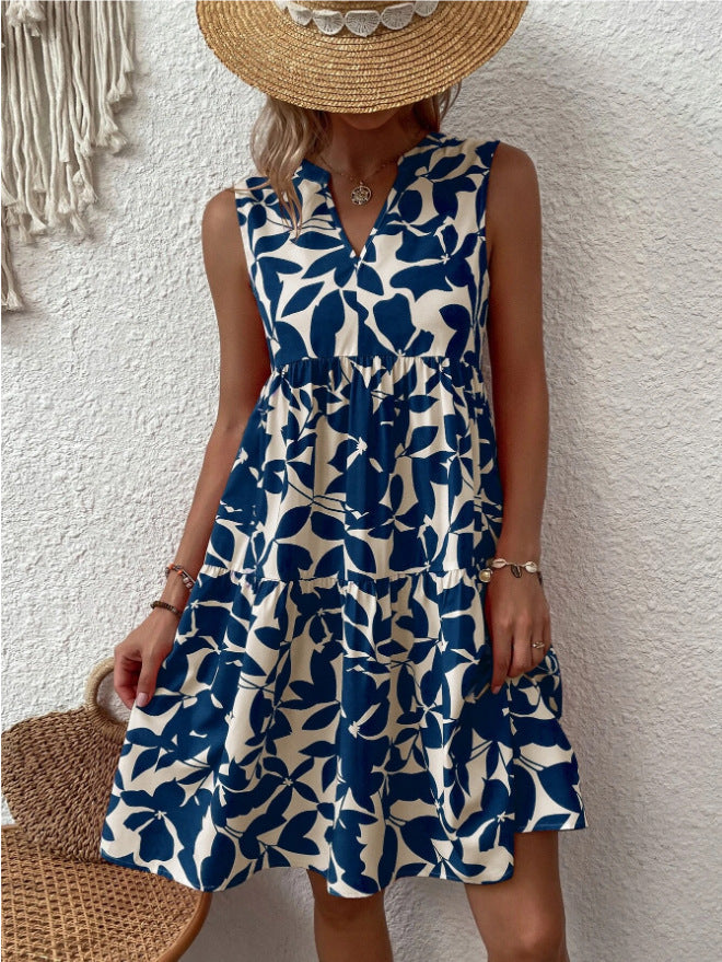 Damen luftiges ärmelloses Sommerkleid mit floralen Mustern und weitem Schnitt WW