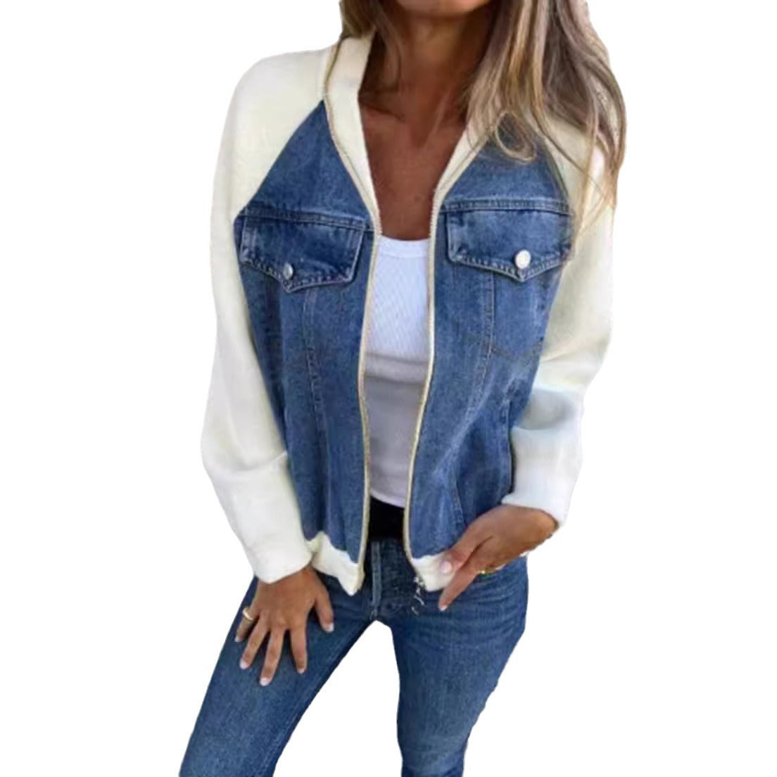 Damen Denim-Jacke mit kontrastfarbenen Ärmeln und praktischen Taschen WW