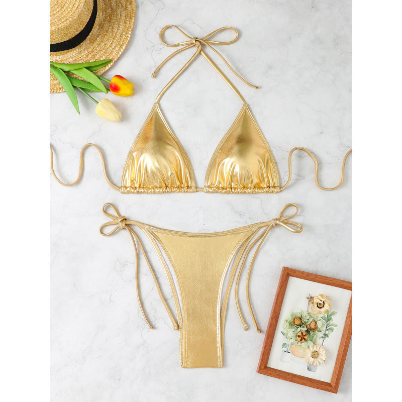Women's triangle bikini with sparkling metallic finish and adjustable ties WW