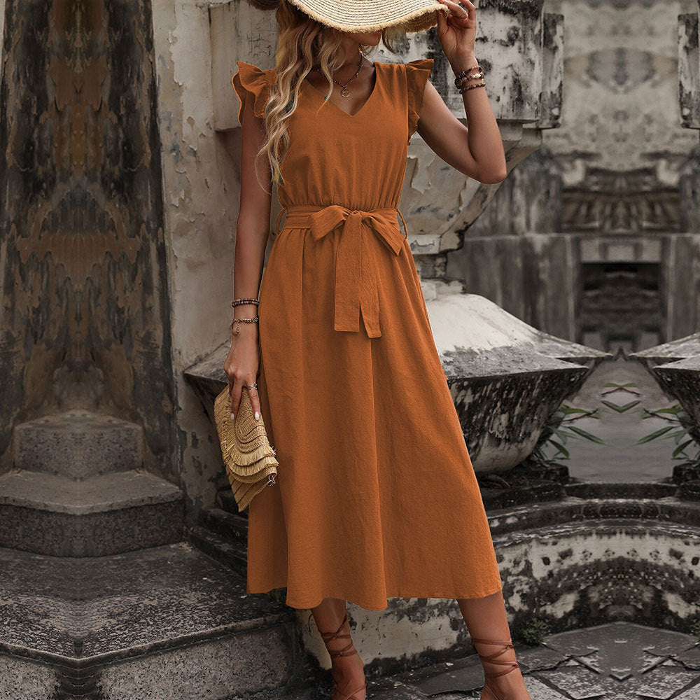 Damen Midi-Kleid mit Rüschendetails und tailliertem Bindegürtel W&W