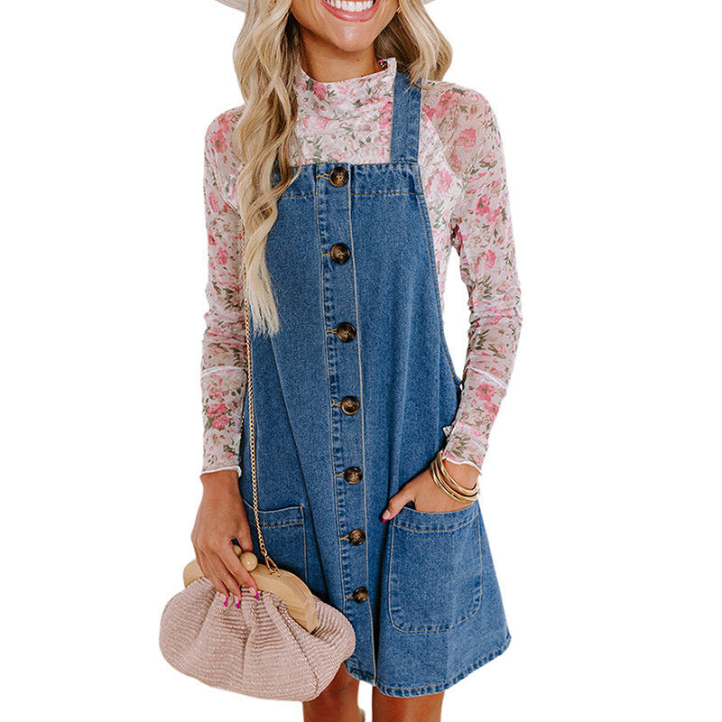 Damen Jeans-Latzkleid mit praktischen Taschen und Knopfdetails WW