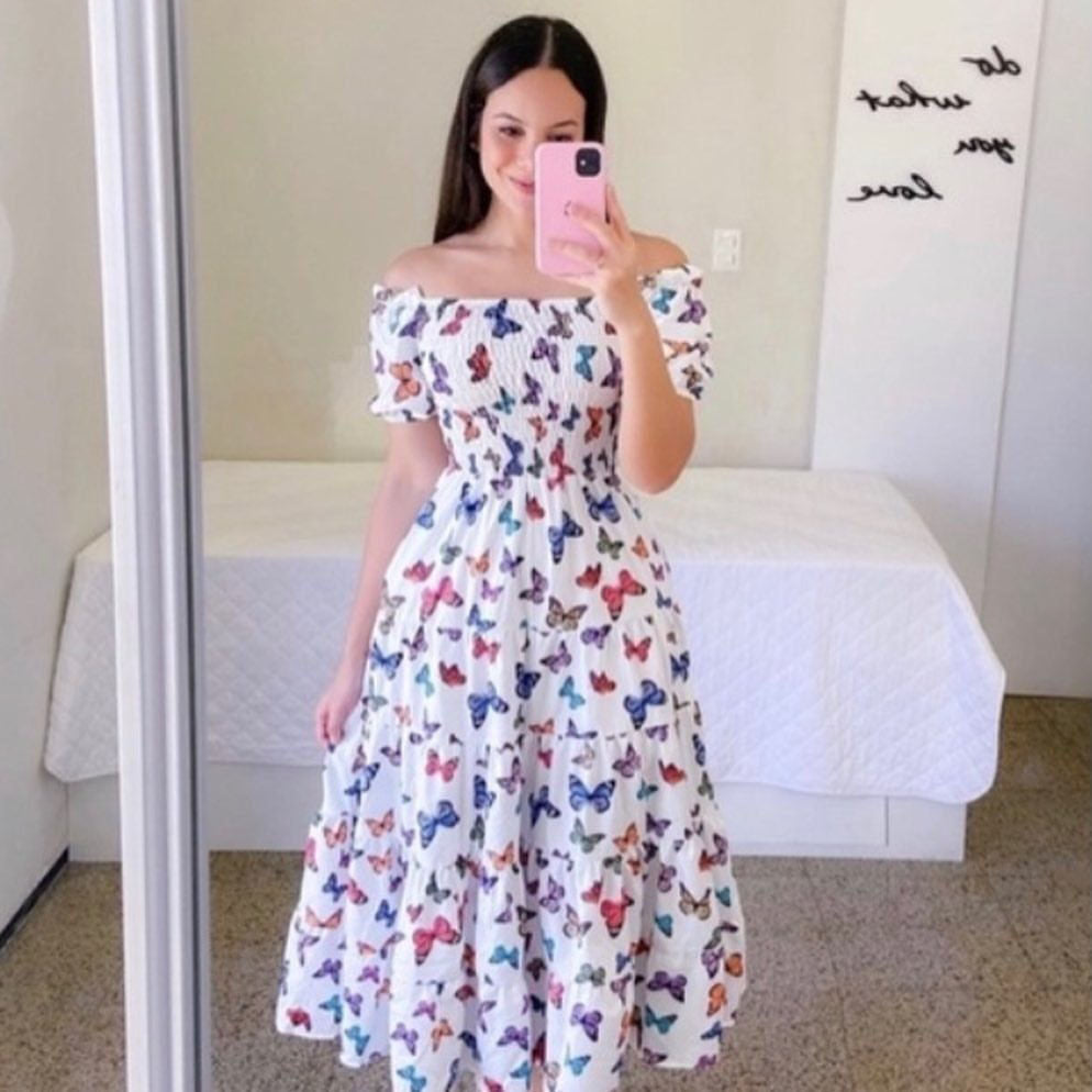 Damen Midi-Kleid mit schulterfreiem Design und verspieltem Schmetterlingsmuster WW