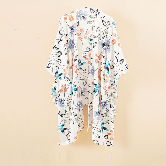 Damen Chiffon-Kimono mit floralem Design und fransigen Kanten WW
