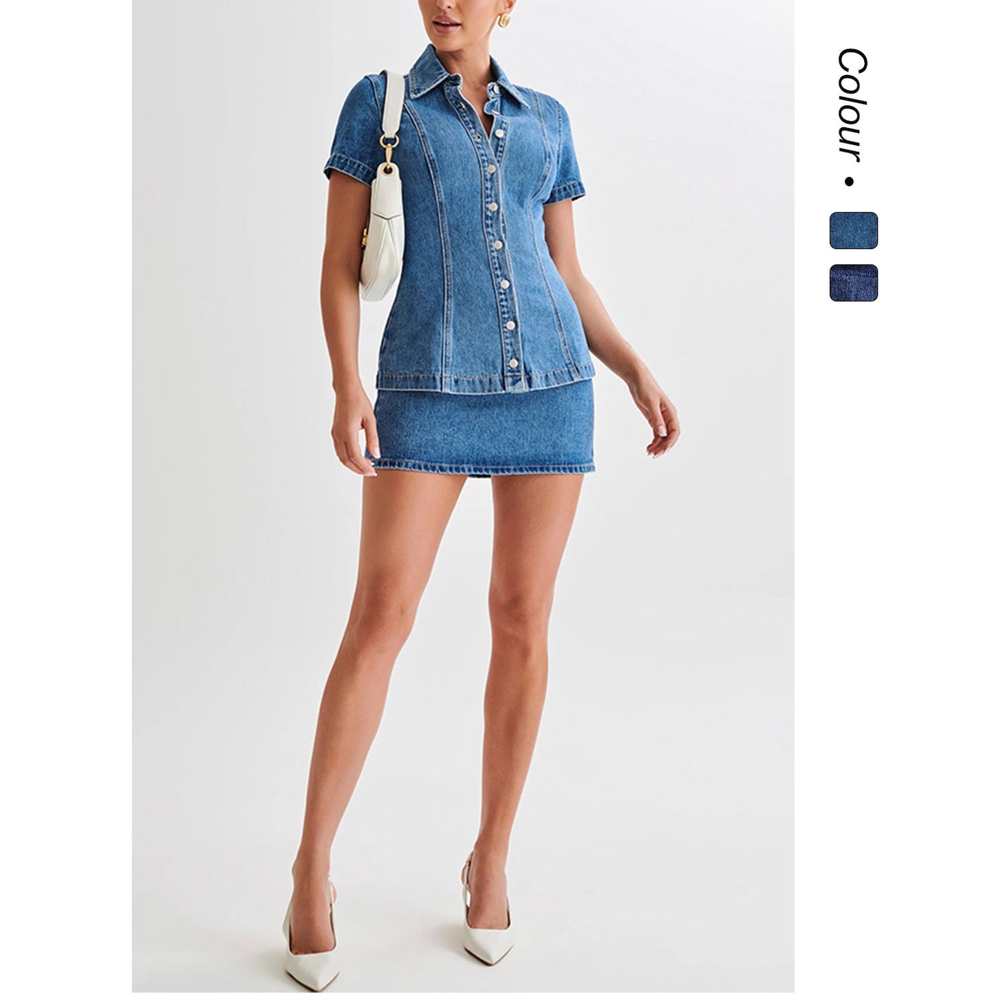 Damen Jeanskleid mit knöpfbarem Kragen und eng anliegendem Rock WW