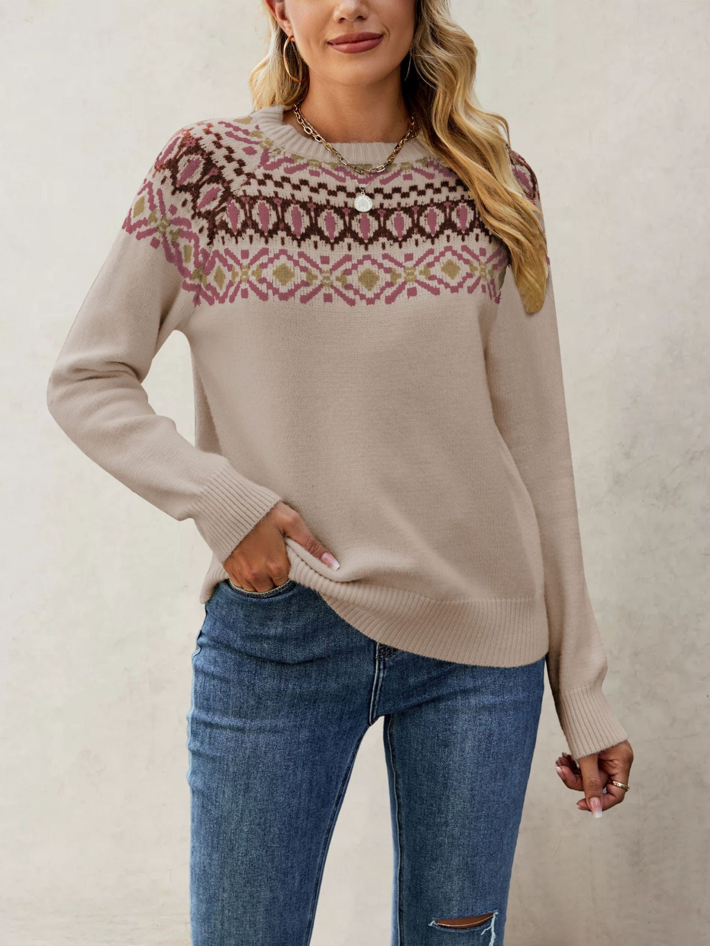 Women's Nordic Pattern Jumper with Round Neck and Casual Cut WW