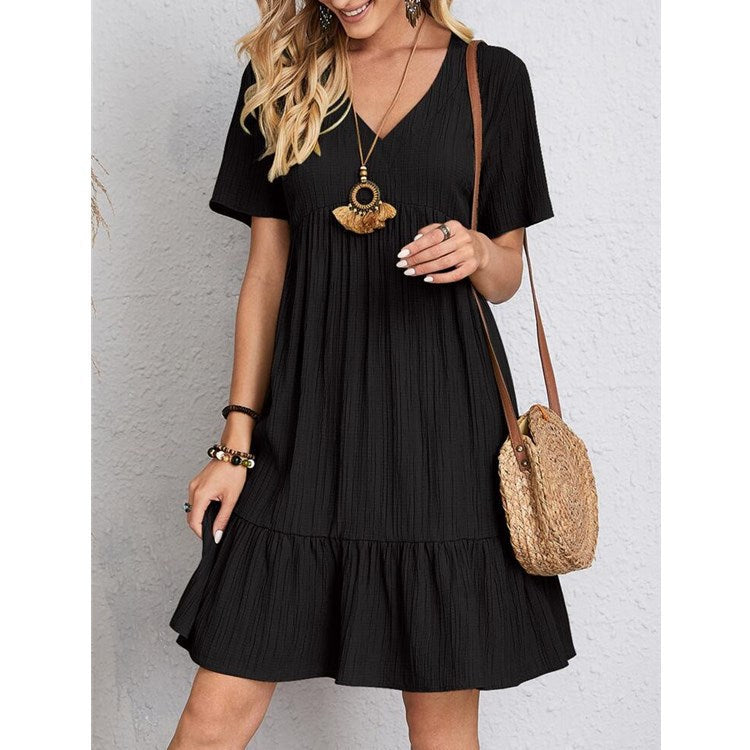 Damen lässiges Freizeitkleid mit voluminösem Saum und V-Ausschnitt WW