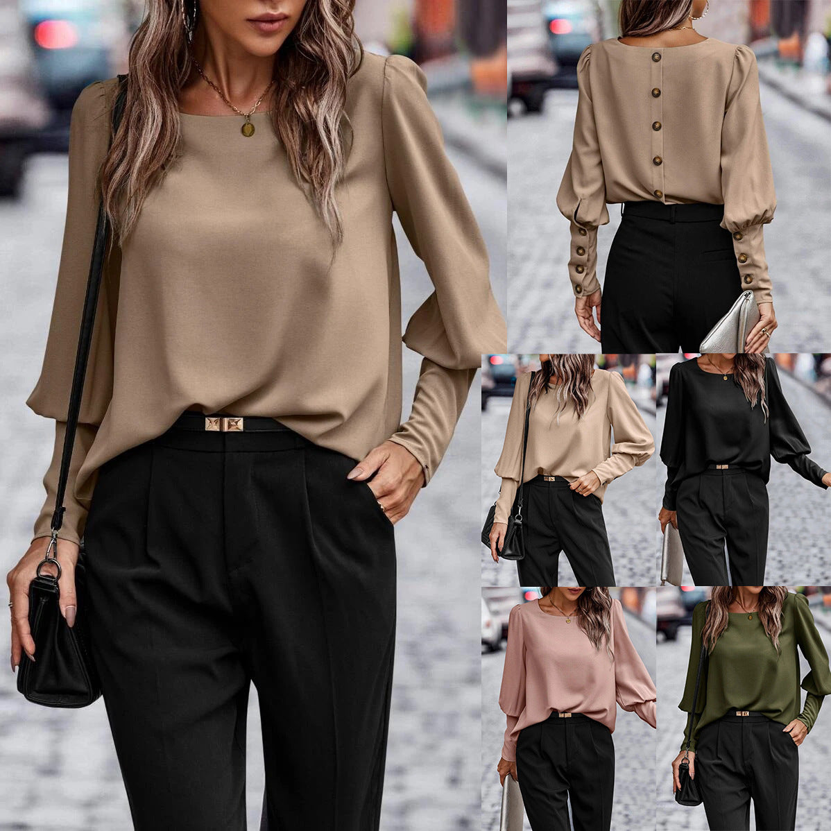 Damen Bluse mit eleganten Puffärmeln und fließendem Stoff WW