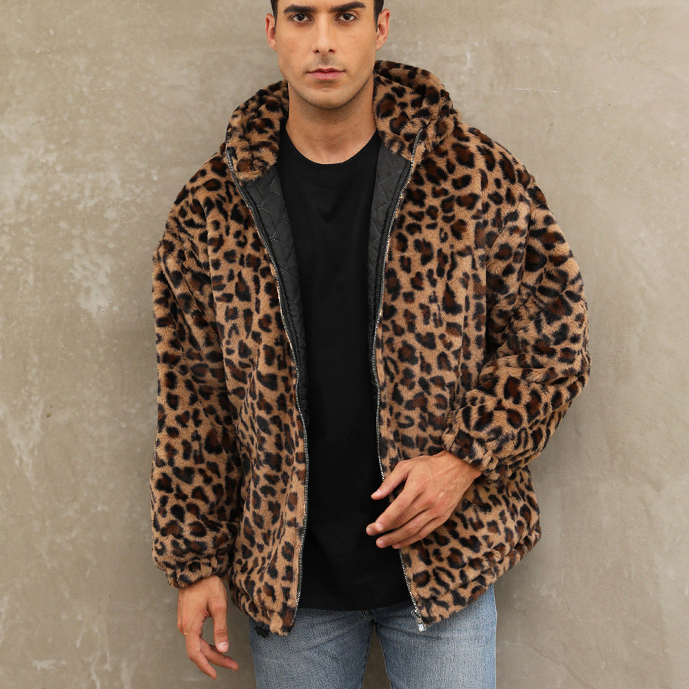Herren kuschelige Fleecejacke im Leopardenmuster WW