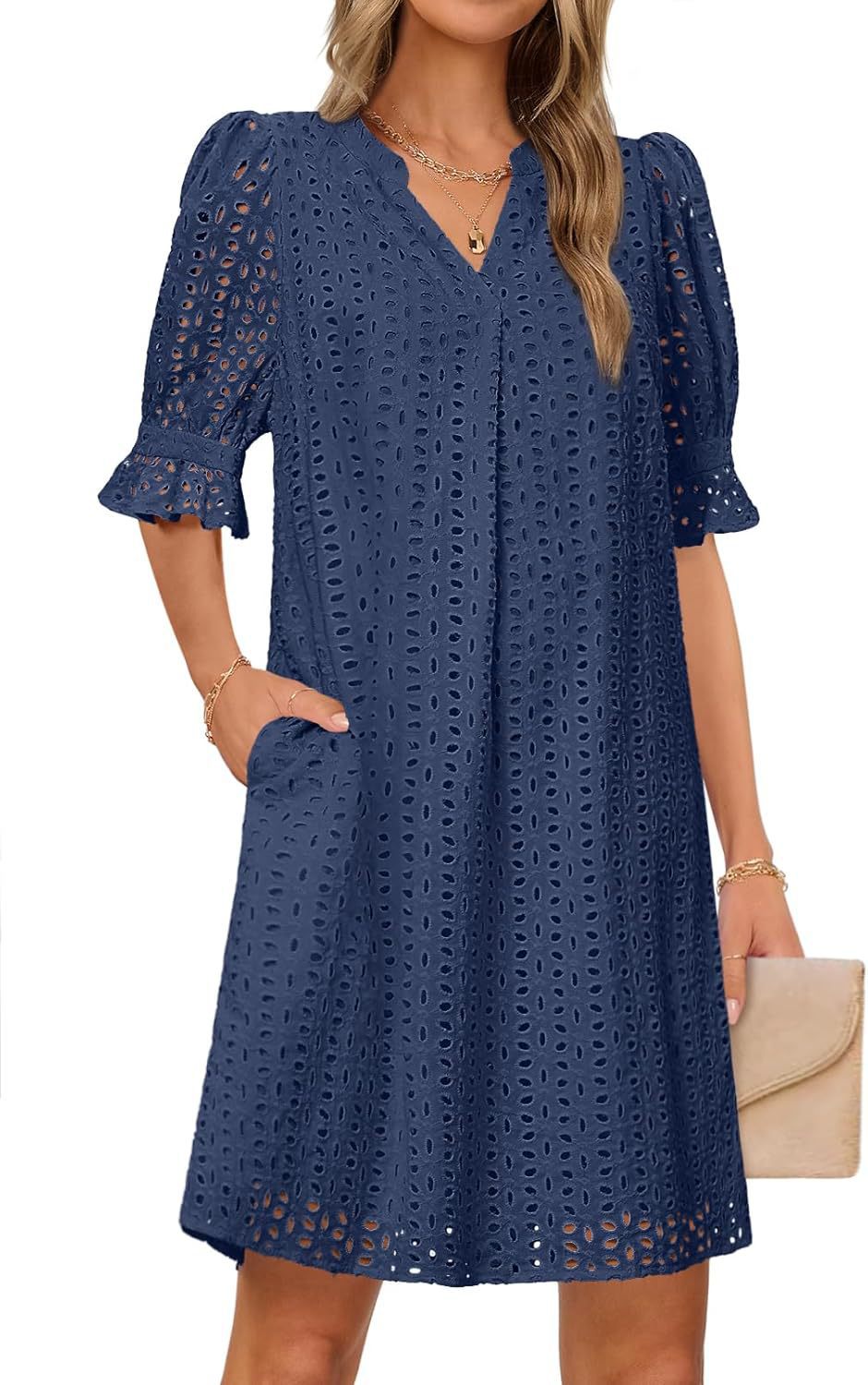 Damen luftiges Sommerkleid mit romantischem Lochmuster und praktischen Taschen WW