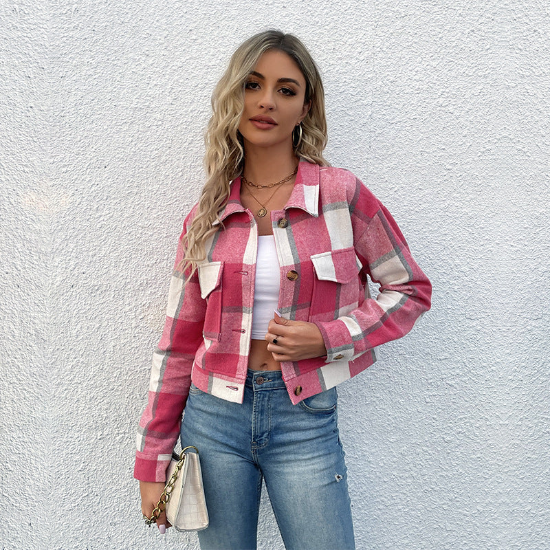 Damen cropped Karo-Jacke mit praktischen Taschen und modischen Details WW