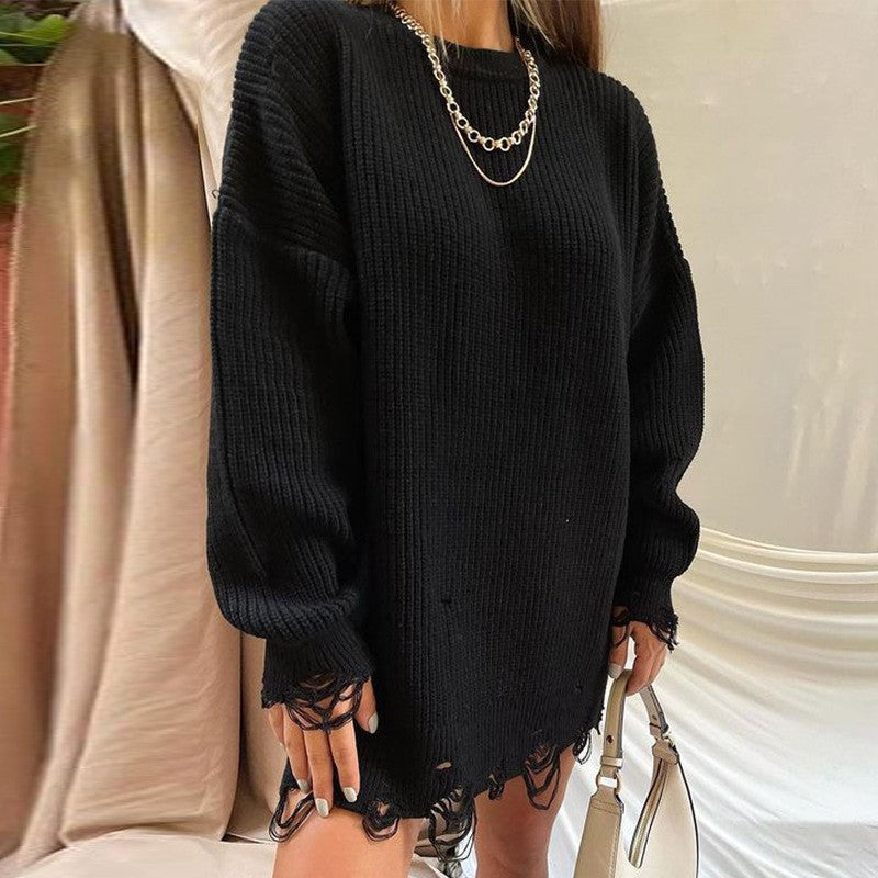 WW Ripped O-Neck Oversized Sweater Dress