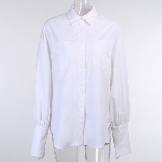 Ladies' Shirt Blouse with Stylish Oversized Fit and Trendy Puff Sleeves W&W