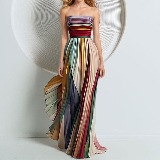 Women's Elegant Maxi Dress with Shirred Bodice and Colorful Stripe Pattern WW