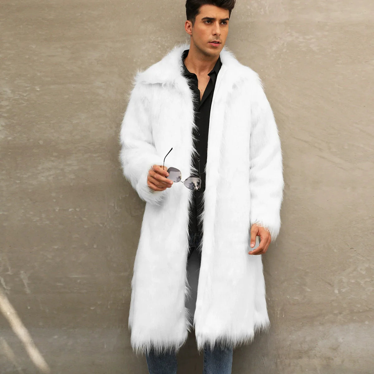 Herren Luxus Kunstfellmantel mit breitem Kragen WW