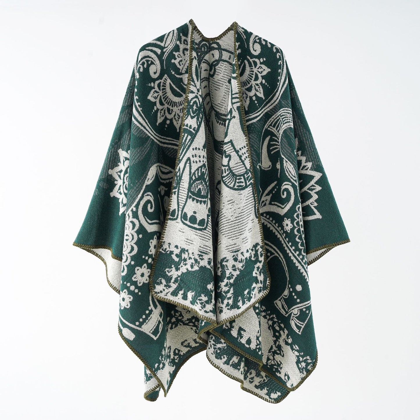 Damen eleganter Übergang-Poncho mit kunstvollem floralen Muster und fransigen Abschlüssen WW