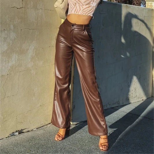 Damen Modische Kunstlederhose mit weitem Bein und eleganter Passform WW