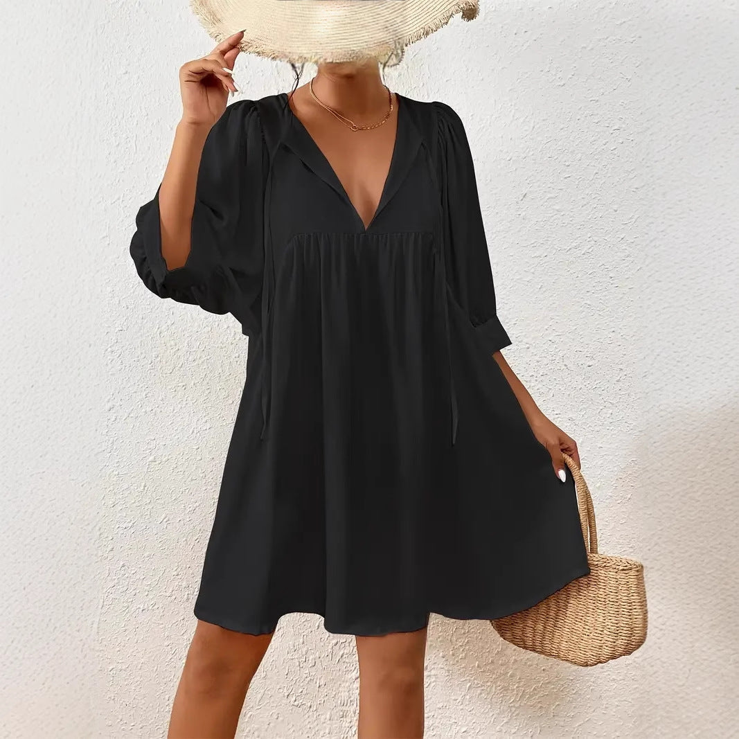 Damen lässiges Kleid mit modernen Puffärmeln WW