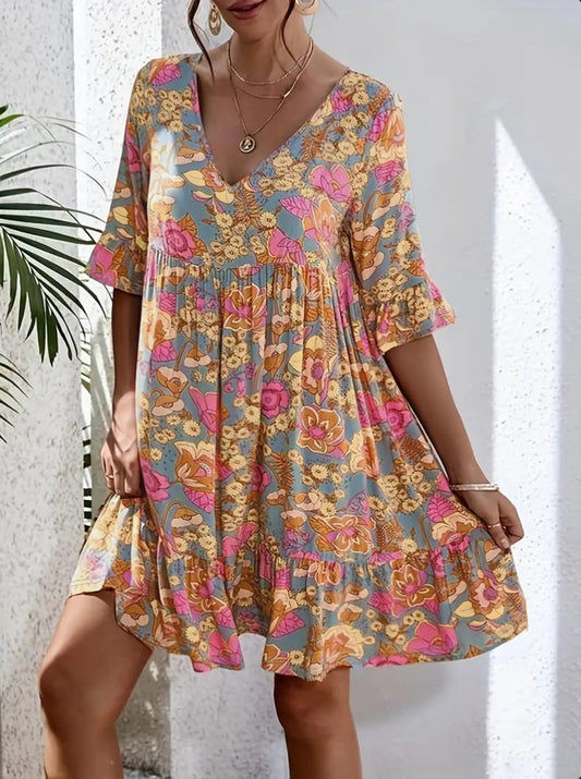 Damen Freizeitkleid mit floralem Muster und voluminösem Schnitt WW