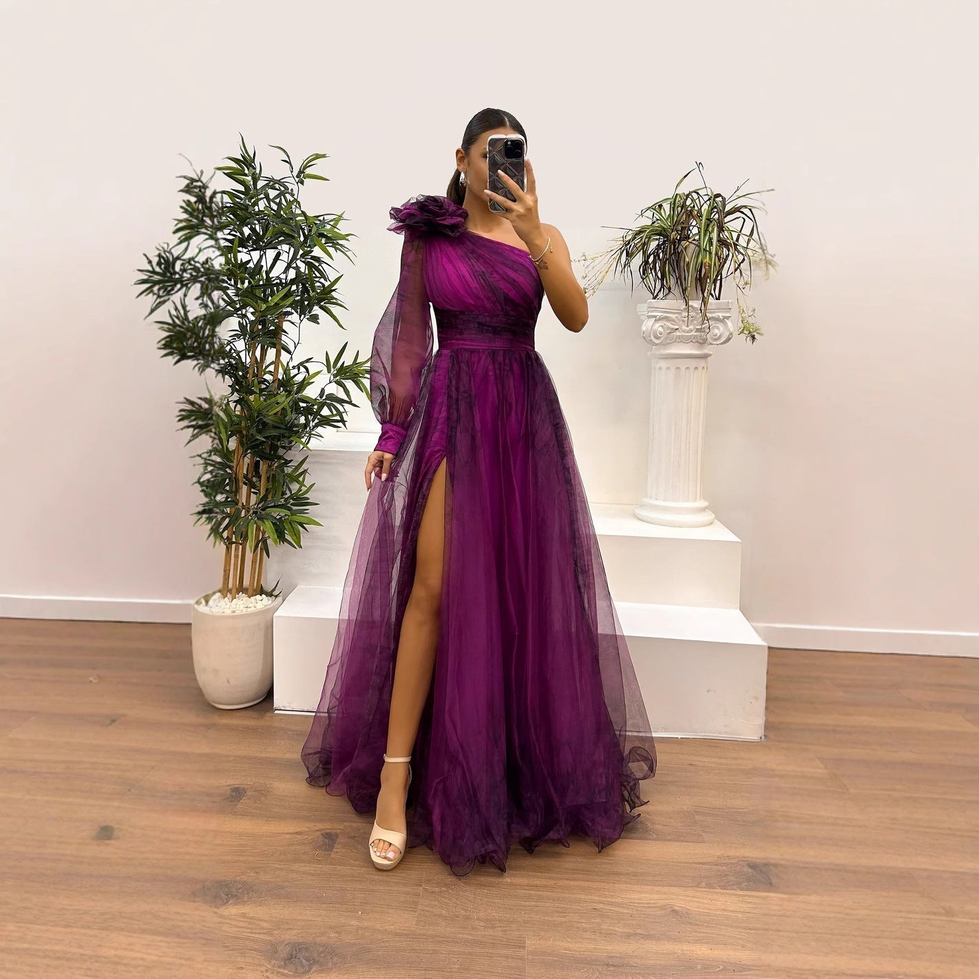 WW | Frühling Herbst Schräg Schulter Mesh Blumenmuster Kleid Lässig Locker Festlich Kleid
