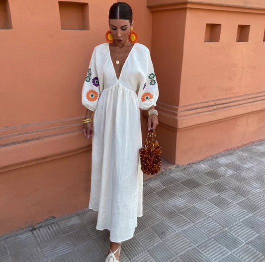 Women's Casual Maxi Dress with Floral Puff Sleeves W&W