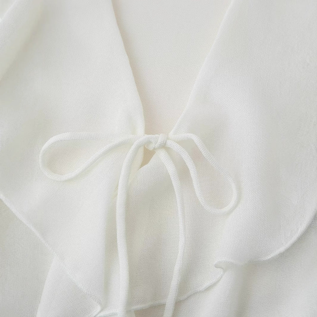 Women's Blouse with Romantic Ruffles and Deep V-Neck WW