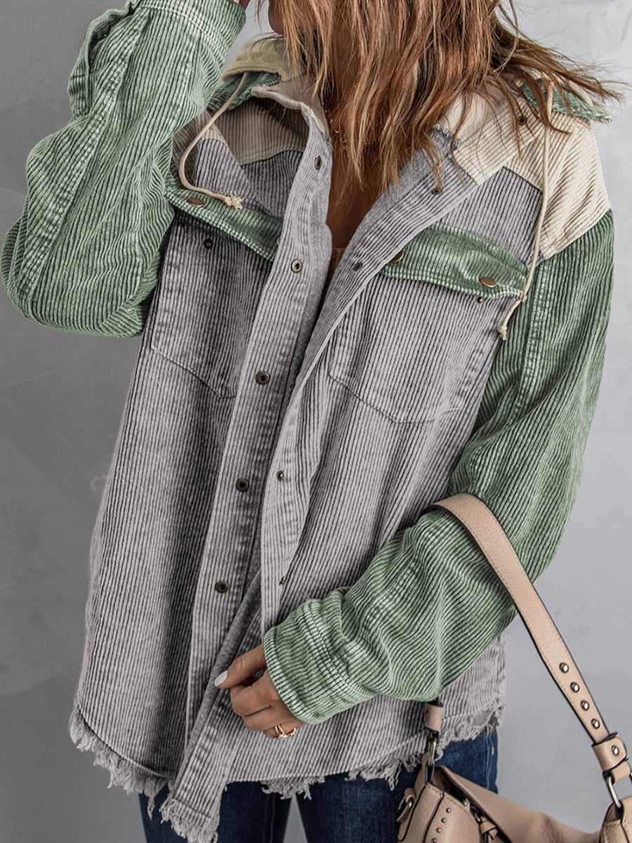 WW | Women's Hooded Jacket – Corduroy – Oversized Fit – Button Fastening – Frayed Hem Casual