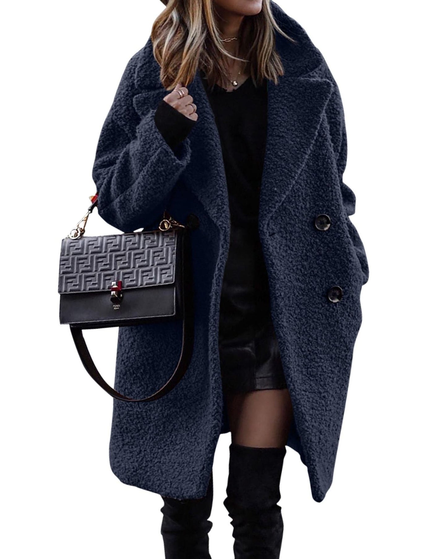 WW | Long black plush coat for a warm style