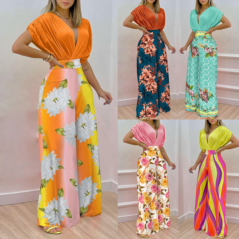 Women's Jumpsuit with Deep V-Neck and Wide Leg WW