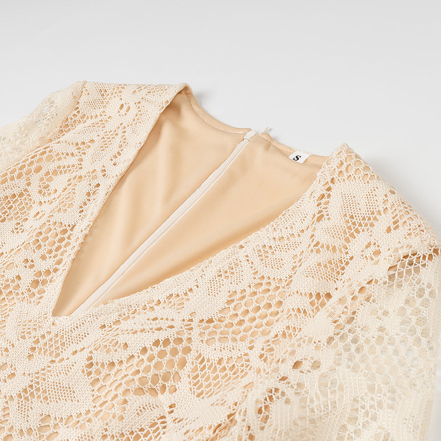 WW | Spitze Kleid Langes Elegantes Bodycon Tiefer V-ausschnitt Schmale Taille Lange Ärmel