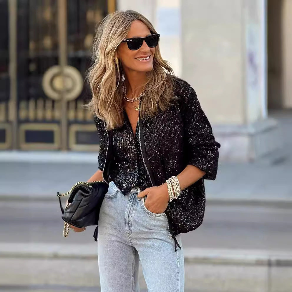 Women's Glitter Varsity Jacket with Shimmering Sequins and High Comfort WW