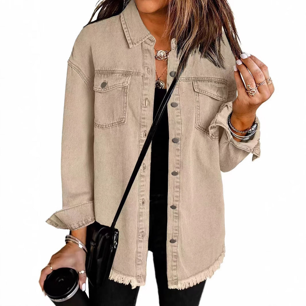 Women's Oversized Denim Shirt with Fringes WW